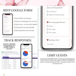Quinceañera RSVP Google Form with editable questions, guest limit options, and real-time tracking. Mobile and desktop screenshots show response management via Google Sheets and charts. Auto-RSVP feature, easy sharing via WhatsApp, and fully paperless solution. Ideal for Sweet 16 and digital party planning. Customize guest limits and monitor responses instantly with no tech skills needed.