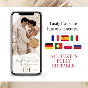 Editable Wedding Video Invitation Canva Template easily translated into any language including English, French, Spanish, Italian, German, Polish, Portuguese, and Russian. All wedding invitation text is fully customizable.