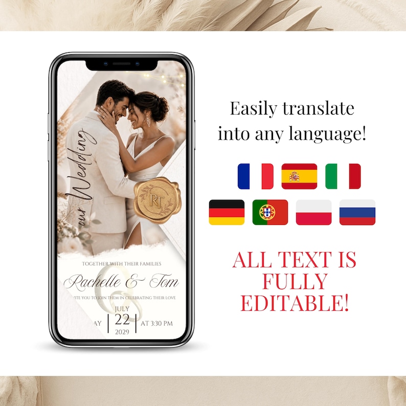 Editable Wedding Video Invitation Canva Template easily translated into any language including English, French, Spanish, Italian, German, Polish, Portuguese, and Russian. All wedding invitation text is fully customizable.