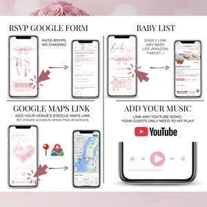 Baby shower invitation features Google Maps link, music player, baby list and RSVP Google Form, pink heaven sent cloud baby girl design
