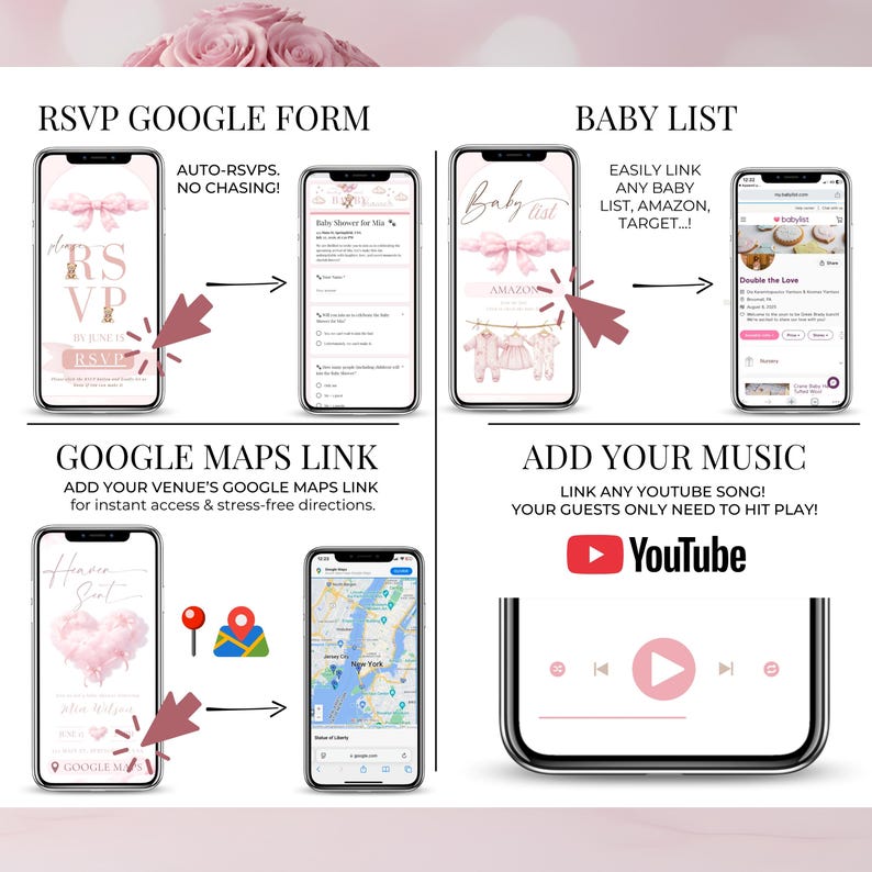 Baby shower invitation features Google Maps link, music player, baby list and RSVP Google Form, pink heaven sent cloud baby girl design