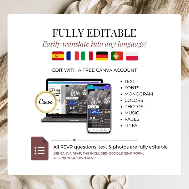 Fully editable Wedding Website Invitation for Canva. Customize text, fonts, monogram, photos, colors, pages, music and RSVP in multiple languages using a free Canva account.