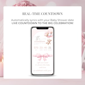 Real-time countdown baby shower digital invitation, pink cloud baby girl invite with automatic countdown and editable Canva template