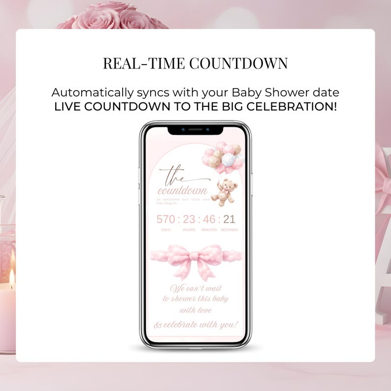 Real-time countdown baby shower digital invitation, pink cloud baby girl invite with automatic countdown and editable Canva template
