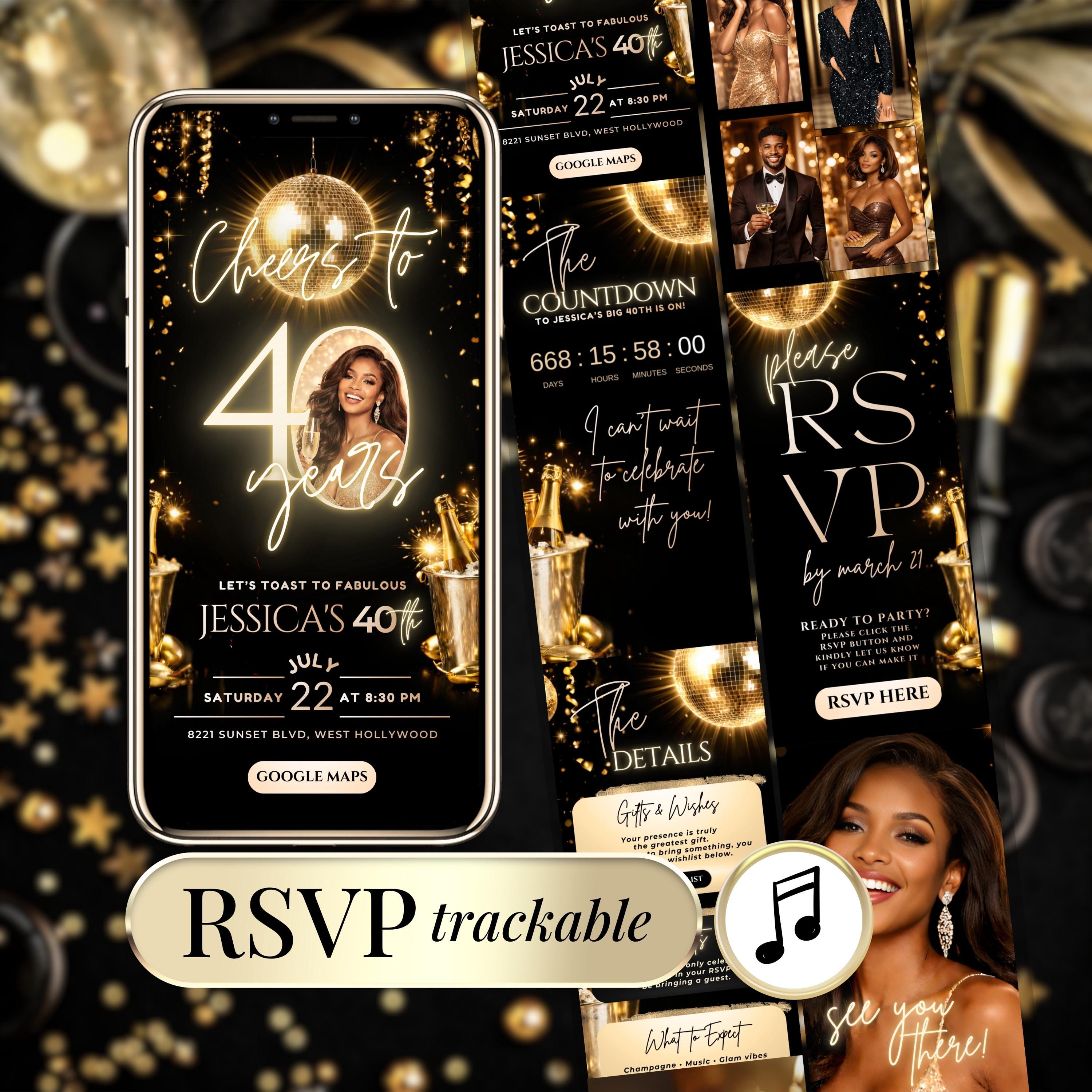 Black Gold Digital Birthday Invitation With RSVP Tracking, Editable ...