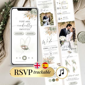 Invitación de Boda Digital Verde Salvia • Sitio Web con RSVP + Música • E-Vite Bilingüe Español/Inglés • Plantilla Editable en Canva