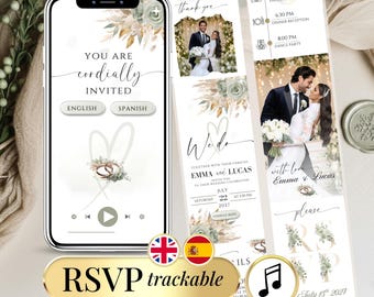 Sage Green Digital Wedding Website Invitation • RSVP Tracker + Music • Bilingual Spanish English E-Vite • Editable Canva Template