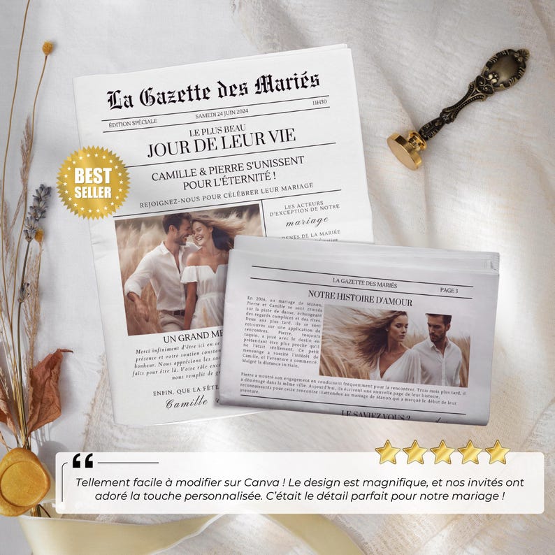 Gazette des Mariés Modèle Faire Part Mariage Template Canva Invitation Mariage Personnalisable Journal Mariage Modèle Canva A3 et A4