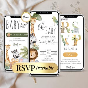 Sito Web per Baby Shower, Modello di Invito Digitale, Tracker RSVP Cliccabile Online Invito Safari Animale Ragazzo Ragazza - Modello di Invito Digitale