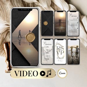 Invitación de Boda Digital Editable – Video Elegante de Boda en Negro y Dorado – Plantilla Canva Animada Save the Date