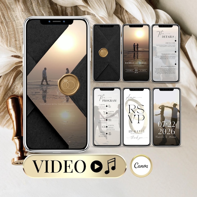 Editable black and gold digital wedding invitation video template. Elegant Canva Save the Date with music and animation. Customizable online wedding card and animated wedding program for smartphone. Perfect for modern couples planning a stylish wedding celebration.