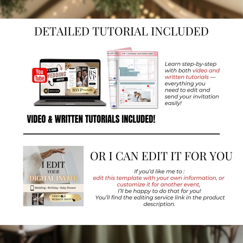 Wedding invitation tutorial Canva template, video and written guide included, digital wedding invite setup help, editable RSVP website template, custom wedding invitation editing service, Canva wedding template support