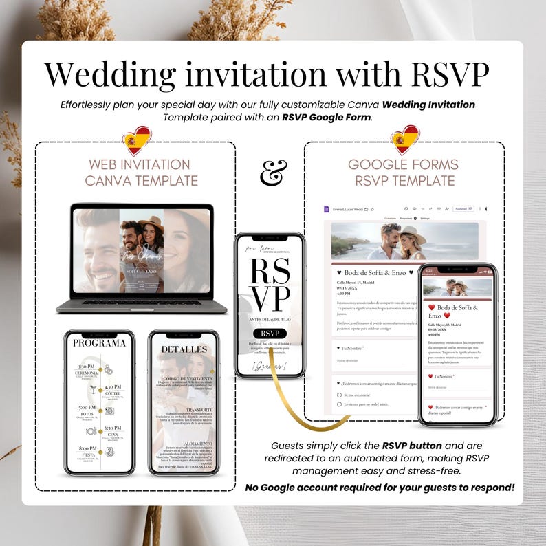 Invitación de boda con RSVP online - Plantilla editable en Canva - Diseño moderno - Descarga instantánea - Wedding invitation RSVP Spanish