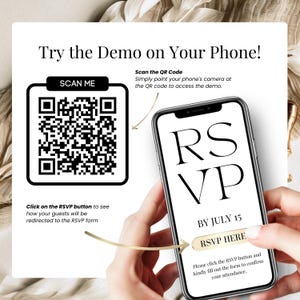 Scan QR code to try engagement party digital invitation demo, smartphone showing interactive Canva invitation website with RSVP tracking and modern design.