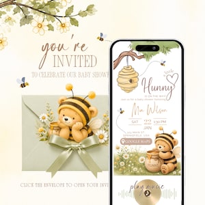 Bee Baby Shower Invitation, Little Hunny Bear Baby Shower Digital RSVP Invitation Editable Canva Evite for Boy or Girl Gender Neutral
