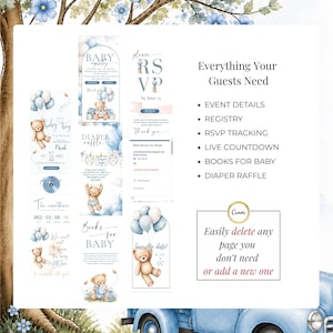 Editable Baby Boy Teddy Bear invitation website including event details, baby registry, RSVP tracking, Books for Baby, diaper raffle, countdown timer and customizable Canva pages for baby shower celebrations.