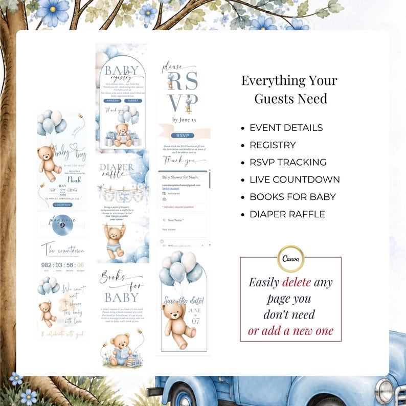 Editable Baby Boy Teddy Bear invitation website including event details, baby registry, RSVP tracking, Books for Baby, diaper raffle, countdown timer and customizable Canva pages for baby shower celebrations.
