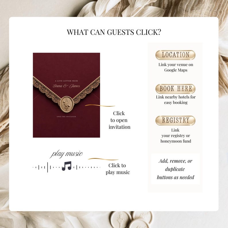 What guests can click on this digital wedding invitation: open envelope animation, location button linking to Google Maps, book here hotel button, and registry button, plus play music feature