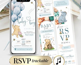 Winnie Baby Shower Boy Invite Winnie the Pooh Digital RSVP Baby Shower Template Balloon Bear Shower Editable Teddy Bear Boy Invitation