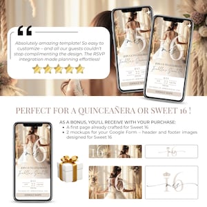 Digital Quinceañera and Sweet 16 invitation bundle with RSVP, featuring champagne and gold design, mobile-ready layout, editable Canva template, and bonus Google Form mockups. Includes first page crafted for Sweet 16, plus header and footer images. 5-star customer review highlights easy customization and RSVP integration.