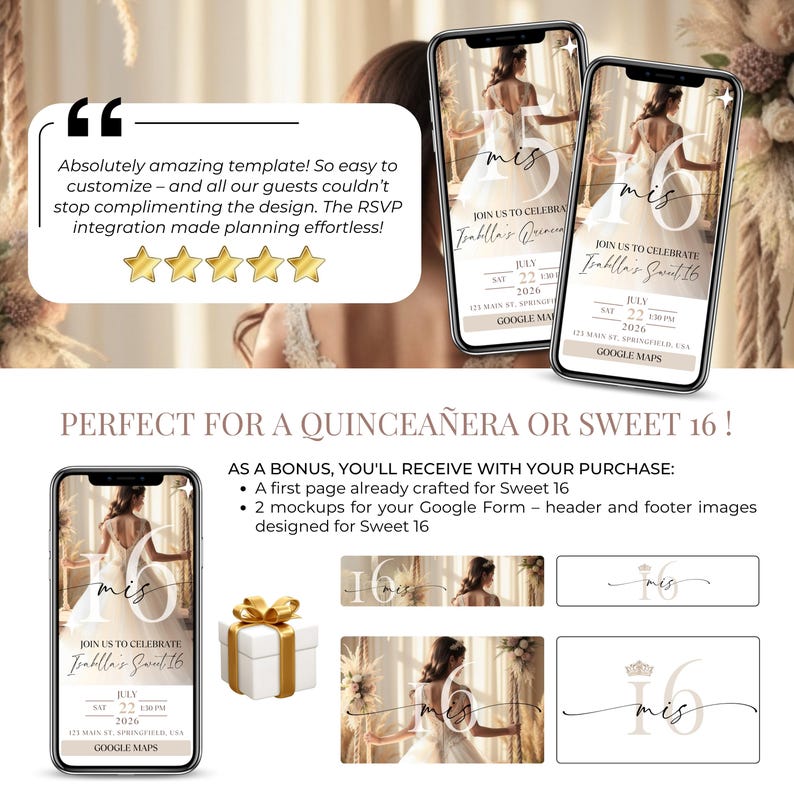 Digital Quinceañera and Sweet 16 invitation bundle with RSVP, featuring champagne and gold design, mobile-ready layout, editable Canva template, and bonus Google Form mockups. Includes first page crafted for Sweet 16, plus header and footer images. 5-star customer review highlights easy customization and RSVP integration.