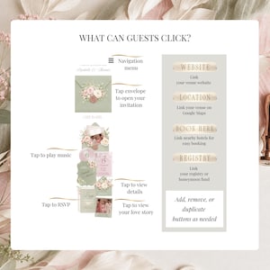 Editable wedding website RSVP invitation Canva template showing clickable wedding buttons for venue website, Google Maps location, hotel booking, registry and romantic digital wedding invitation features