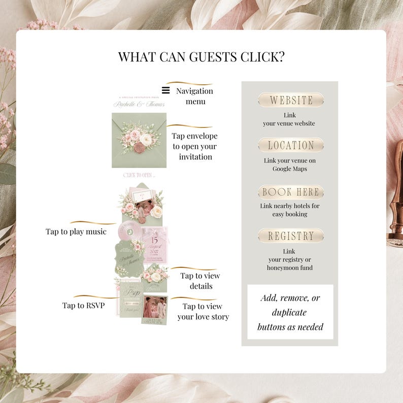 Editable wedding website RSVP invitation Canva template showing clickable wedding buttons for venue website, Google Maps location, hotel booking, registry and romantic digital wedding invitation features