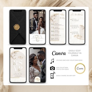 Preview of an elegant animated wedding video invitation template with 6 mobile-sized pages. Includes envelope animation, wedding couple photos, timeline, RSVP, and event details. Canva template is fully editable with option to upload custom music, video, or photos. Designed for modern digital weddings. Easy to send via WhatsApp, email, or Instagram.