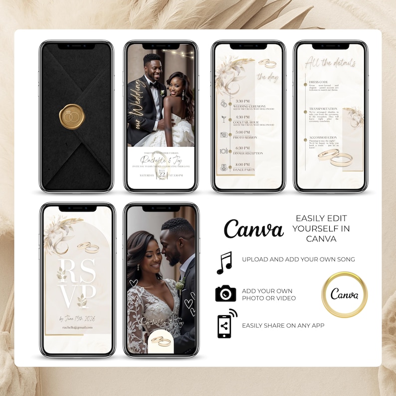 Preview of an elegant animated wedding video invitation template with 6 mobile-sized pages. Includes envelope animation, wedding couple photos, timeline, RSVP, and event details. Canva template is fully editable with option to upload custom music, video, or photos. Designed for modern digital weddings. Easy to send via WhatsApp, email, or Instagram.