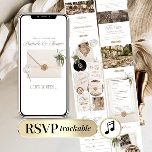 May include: A digital wedding invitation displayed on a smartphone screen featuring an envelope with a gold wax seal, white flowers, and the text Rachelle & Thomas. Beside it, a vertical layout shows event details, Oheka Castle, and RSVP forms.