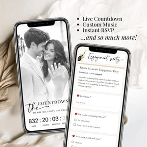 Live countdown feature on engagement party digital invitation website, real-time timer displayed on Canva invitation with couple photo and elegant design.