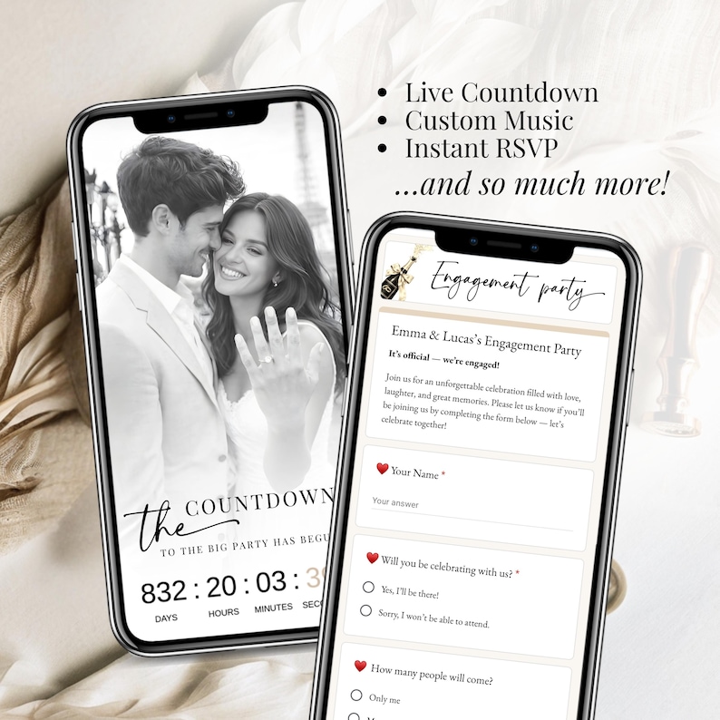 Live countdown feature on engagement party digital invitation website, real-time timer displayed on Canva invitation with couple photo and elegant design.