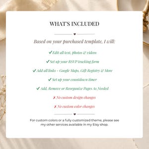 Invitation editing service features including text editing, photo replacement, video editing, RSVP form setup, Google Maps links, gift registry links, countdown timer setup, and page reorganization. No custom design or color changes included.