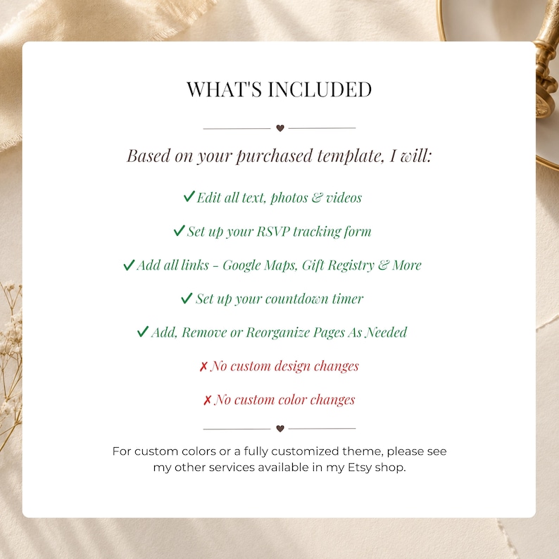 Invitation editing service features including text editing, photo replacement, video editing, RSVP form setup, Google Maps links, gift registry links, countdown timer setup, and page reorganization. No custom design or color changes included.