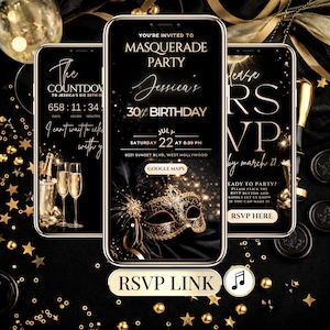 Black and gold masquerade party digital invitation with RSVP link, elegant 30th birthday invite editable in Canva, luxury adult birthday smartphone invitation for 30th 40th 50th 60th any age celebration.