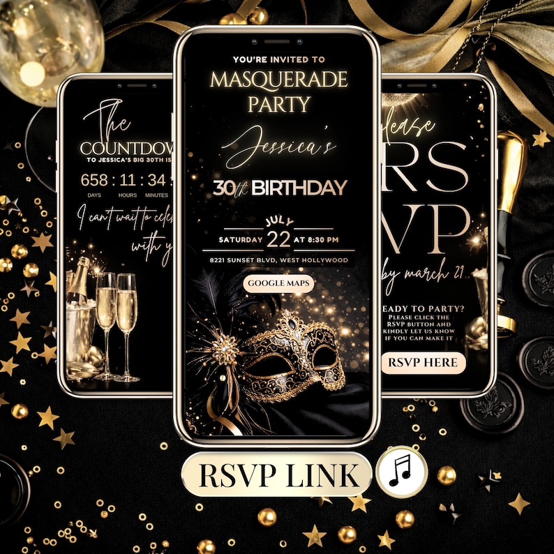 Black and gold masquerade party digital invitation with RSVP link, elegant 30th birthday invite editable in Canva, luxury adult birthday smartphone invitation for 30th 40th 50th 60th any age celebration.