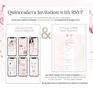 Quinceañera digital invitation Canva template with embedded RSVP Google Form. Includes mobile-friendly event website layout, court of honor, padrinos, program details, RSVP section, and guest form. Fully editable Sweet 16 or 15th birthday online invite with no Google login required for guests. Modern and elegant pink design perfect for tracking responses and managing your event online.