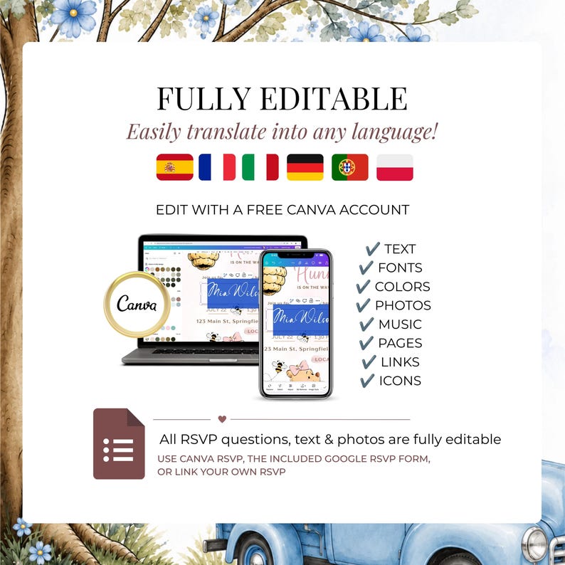 Fully editable Teddy Bear Baby Shower Canva template supporting multiple languages with editable text, fonts, colors, photos, music, links, pages and Google Form RSVP integration.