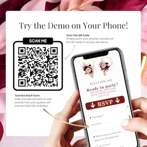 Try the demo on your phone wedding invitation mockup with QR code, burgundy wedding website template displayed on smartphone screen