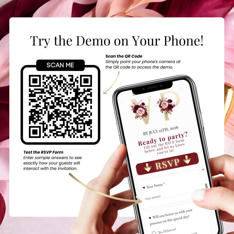 Try the demo on your phone wedding invitation mockup with QR code, burgundy wedding website template displayed on smartphone screen