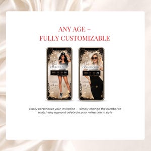 Any age birthday invitation template with customizable photos, age and live countdown. Elegant black and champagne gold digital birthday website for 30th, 40th, 50th, 60th or any age milestone party, with RSVP and editable Canva design.