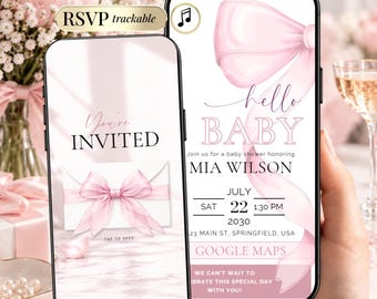Invitación para baby shower con lazo rosa – Coquette Girl, invitación digital editable con registro de asistencia.