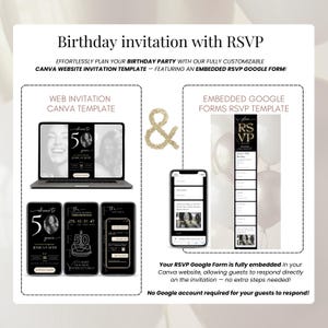 Editable digital birthday invitation template and RSVP tracker. This Canva website template with an embedded Google Form for guest responses is viewable on both mobile and desktop devices, simplifying party planning.