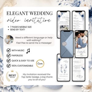 Elegant Dusty Blue Wedding Invitation Video editable in Canva. Includes 7 mobile-friendly pages, music, paperless design, fully customizable template, animated envelope opening and luxury blue silver wedding invitation.