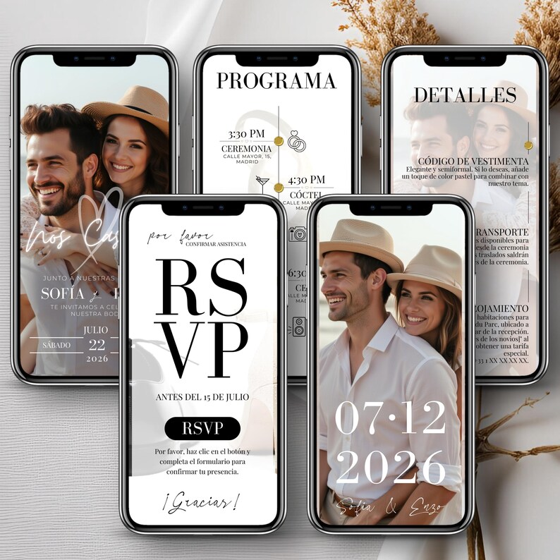 Plantilla de boda editable en español - Invitación digital personalizable en Canva - RSVP online rastreable - Boda en español