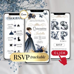 Invito digitale Royal Navy Blue Quinceanera, modello modificabile 15° compleanno – Invito Anniversaire Numérique Sweet 15 Ans RSVP online