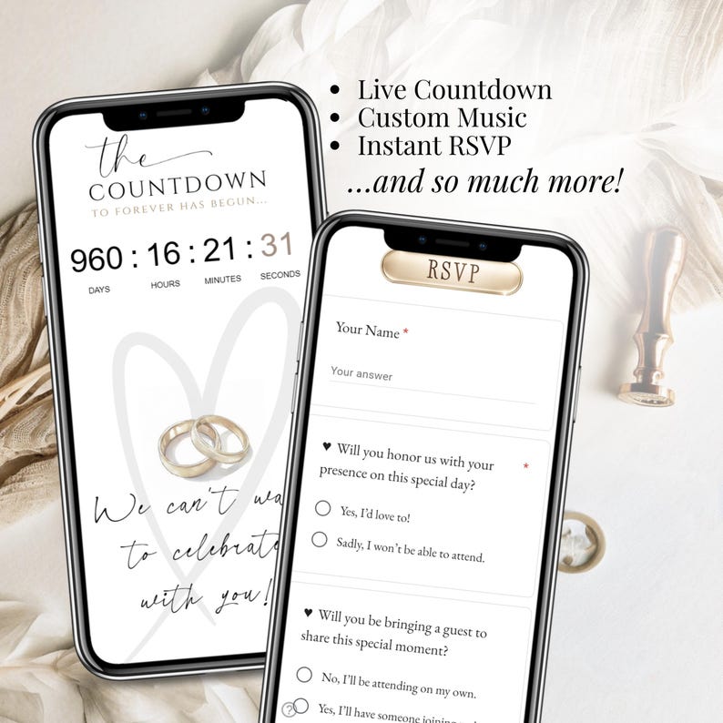 Elegant ivory Wedding Website featuring live countdown timer, instant RSVP form, custom music, trackable responses and interactive wedding invitation for mobile devices.