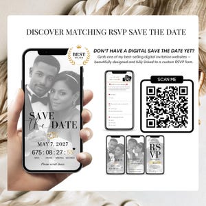 Save the date digital invitation with RSVP, Canva wedding website template with countdown timer, elegant couple invitation mobile preview with QR code
