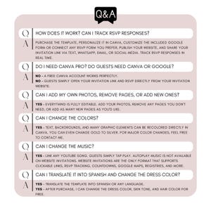 Emerald Green Quinceañera Website Invitation FAQ covering RSVP tracking, Canva editing, music links, translations, color changes, and custom pages. Interactive digital invitation with countdown timer and online RSVP system.