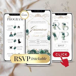 Invitación Digital Quinceañera Verde Esmeralda, Plantilla Editable Floral Dorada con RSVP Online para Fiesta de 15 Años Descarga Instantánea